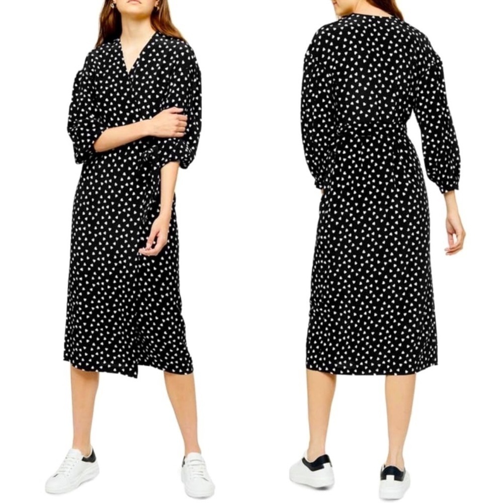 Topshop Heart Print Midi Wrap Dress Black White size 2
